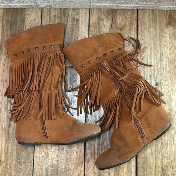 Yoki Toddler Girls Trina Rust 2-Layer Fringe Moccasin Tall Suede Boot / Sz 11 - Picture 8 of 16